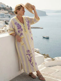 Halveth Women's Floral Maxi Dress Striped Kaftan in Beige