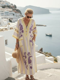 Halveth Women's Floral Maxi Dress Striped Kaftan in Beige