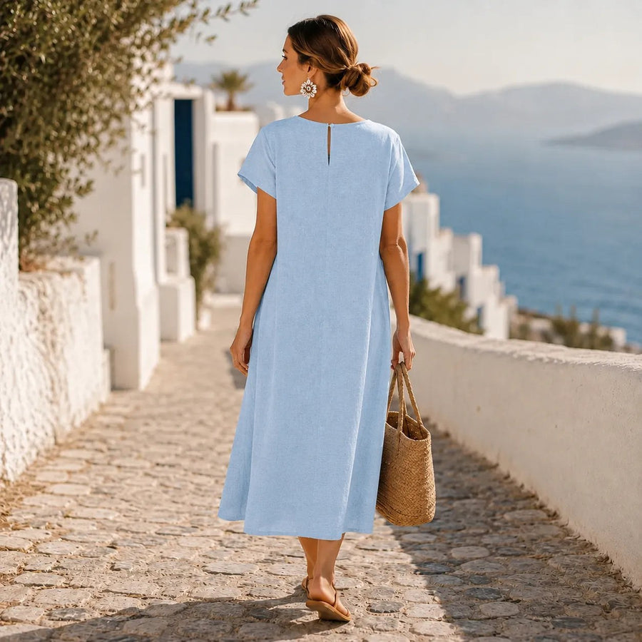 Halvine Women's Asymmetric Button Midi Dress with Pockets