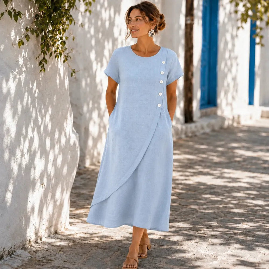 Halvine Women's Asymmetric Button Midi Dress with Pockets