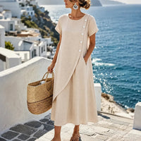 Halvine Women's Asymmetric Button Midi Dress with Pockets in Apricot