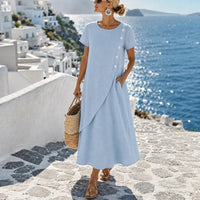 Halvine Women's Asymmetric Button Midi Dress with Pockets in Light Blue