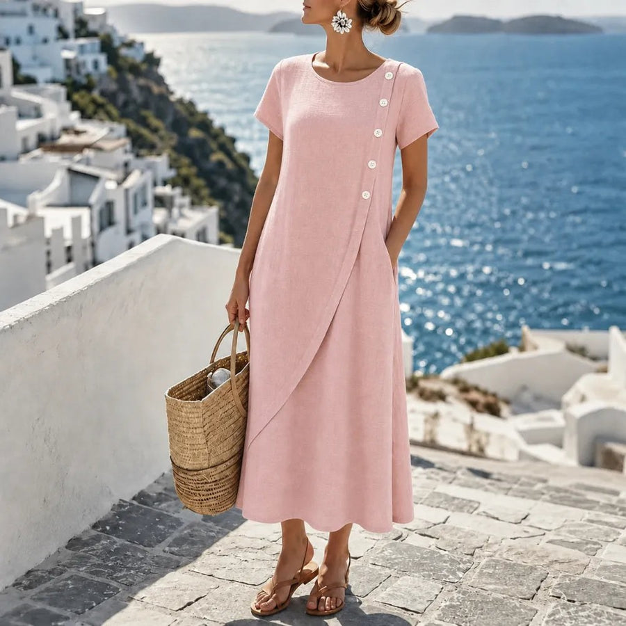 Halvine Women's Asymmetric Button Midi Dress with Pockets in Light Pink