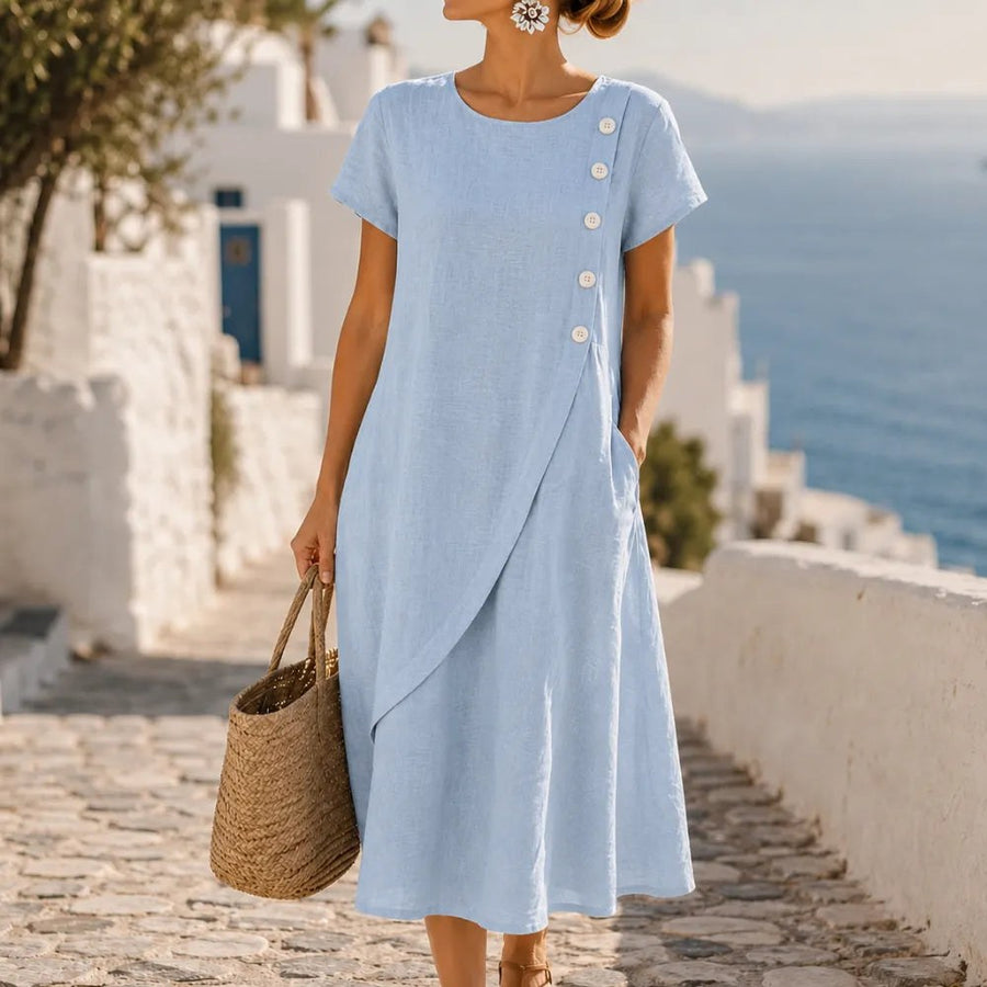 Halvine Women's Asymmetric Button Midi Dress with Pockets
