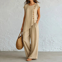 Halvine Women's Co-ord Set Wide-Leg Pants in Beige