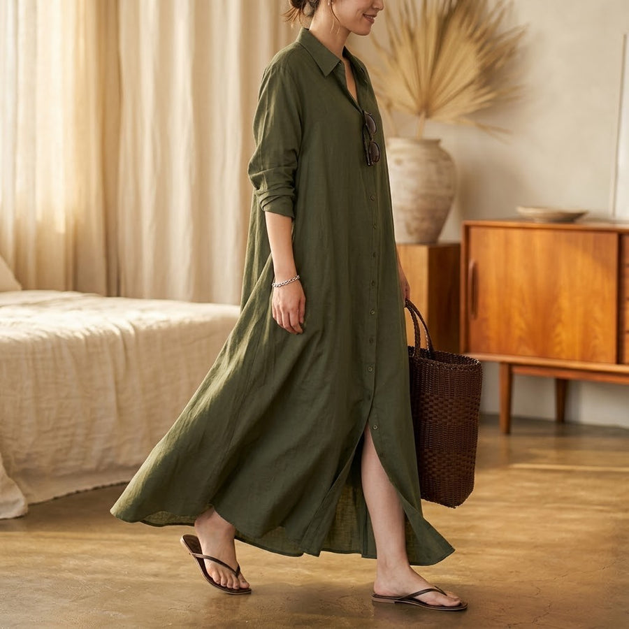 Halvine Women's Maxi Shirt Dress with Pockets