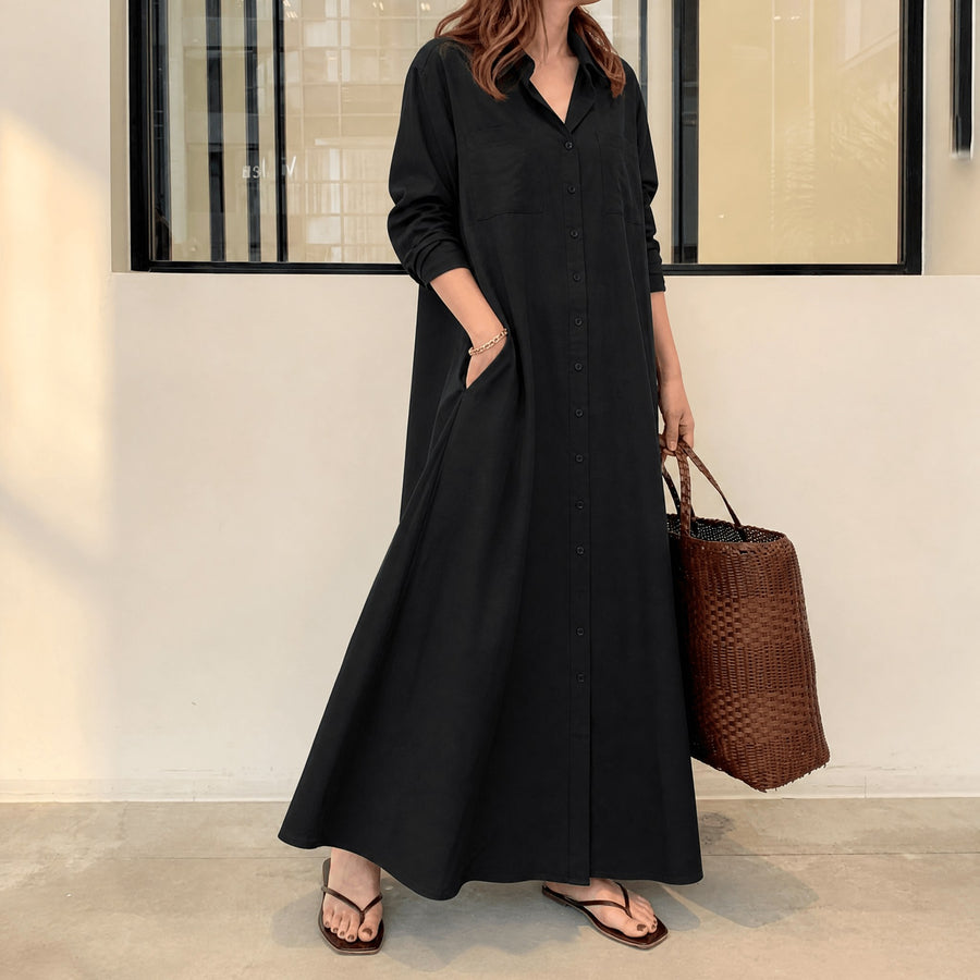 Halvine Women's Maxi Shirt Dress with Pockets in Black