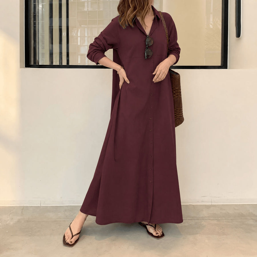 Halvine Women's Maxi Shirt Dress with Pockets in Burgundy
