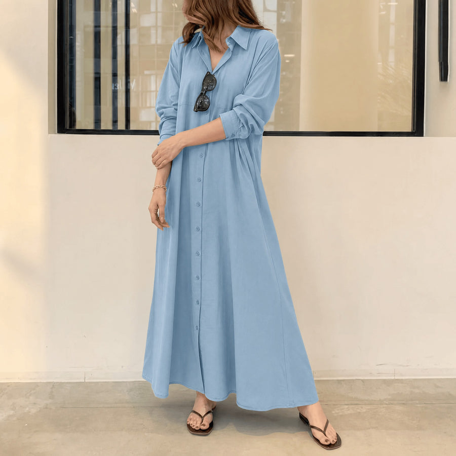 Halvine Women's Maxi Shirt Dress with Pockets in Light Blue