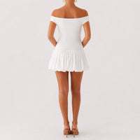 Halvine Women's Off-Shoulder Bubble Hem Mini Dress in Yellow