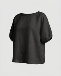 Harlow Casual Linen Top with Side Pockets and Pockets in Black