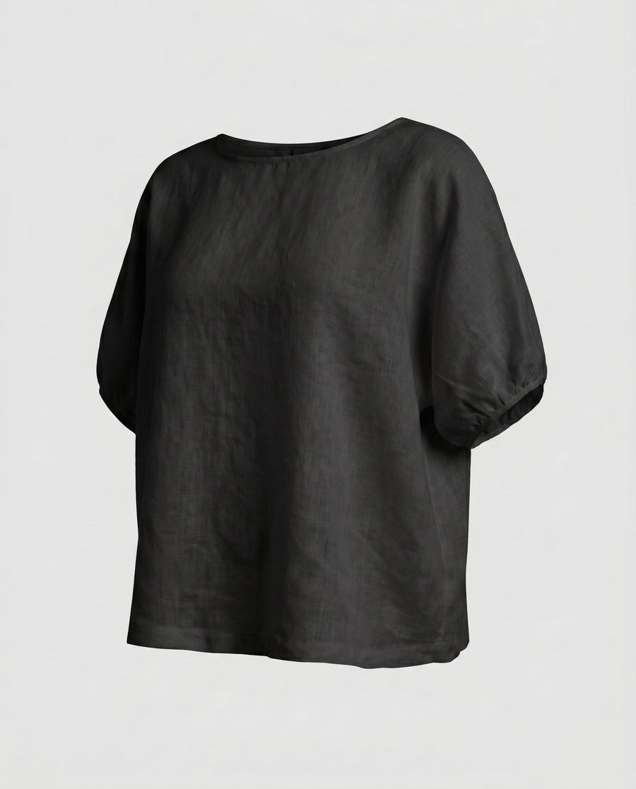 Harlow Casual Linen Top with Side Pockets and Pockets in Black