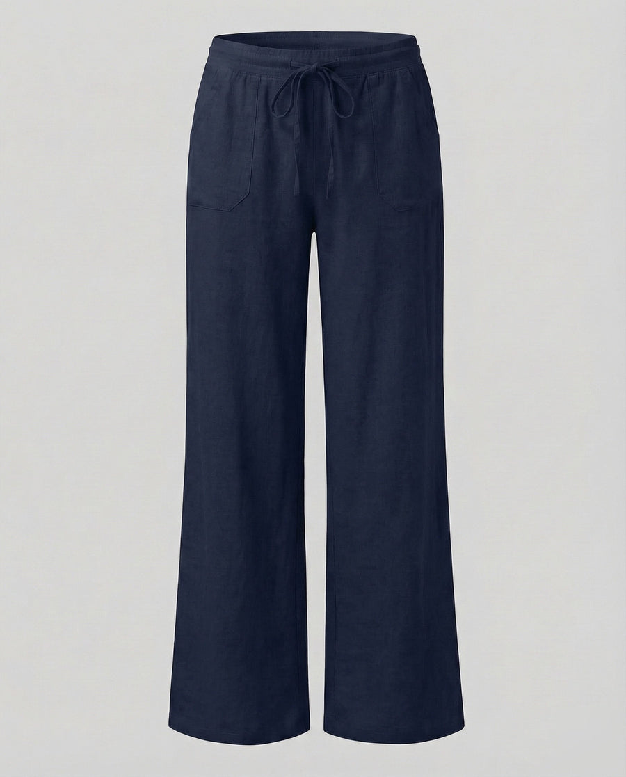 Harlow Linen Trousers with Drawstring Waist in Navy