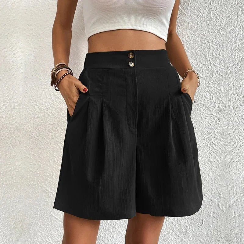 Harlow Women's High Waist Wide Leg Shorts Pleated Casual in Black