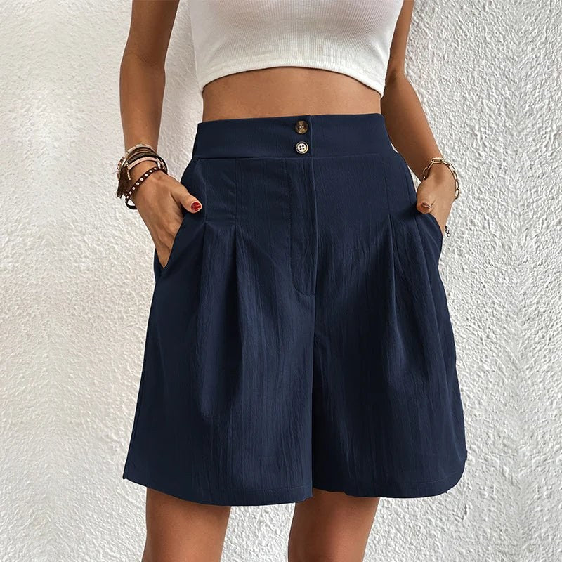 Harlow Women's High Waist Wide Leg Shorts Pleated Casual in Blue