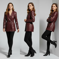 Harper Tailored Leather Wrap Blazer in Cabernet