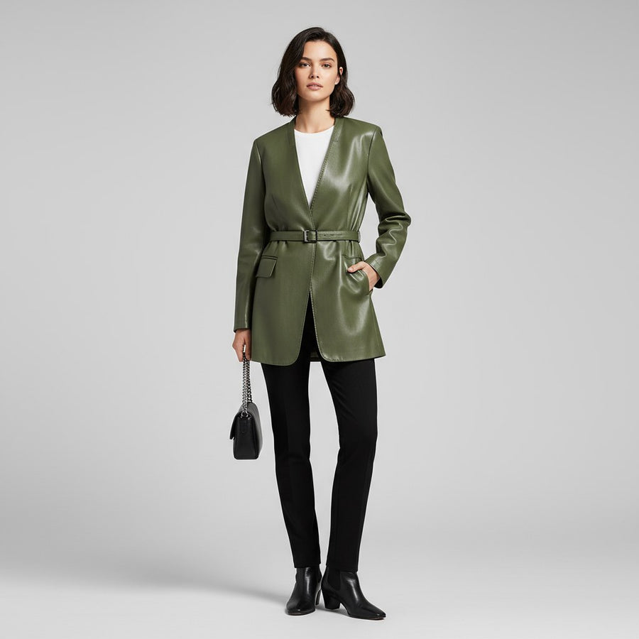 Harper Tailored Leather Wrap Blazer in Cabernet