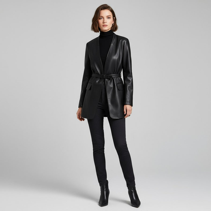 Harper Tailored Leather Wrap Blazer in Charcoal