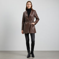 Harper Tailored Leather Wrap Blazer in Espresso Brown