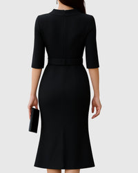 Harper Women's Belted High Neck Midi Dress Split Sleeve in Black