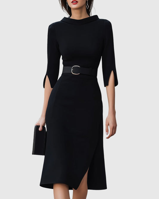 Harper Women's Belted High Neck Midi Dress Split Sleeve in Black