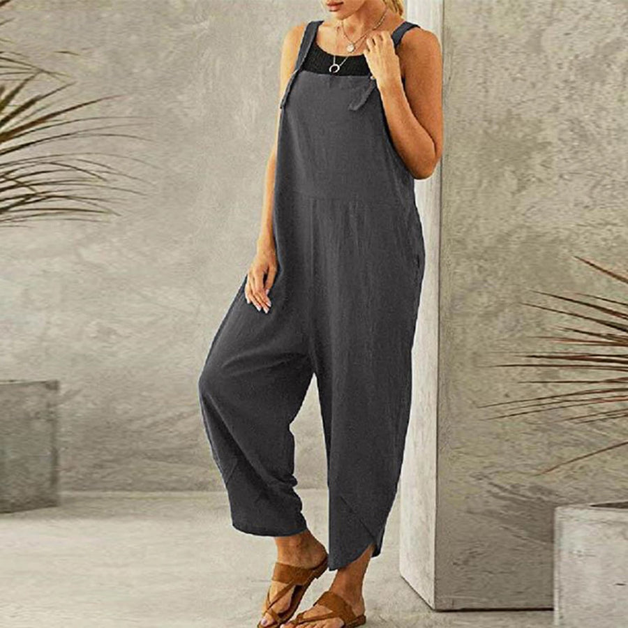Harper Women's Wide Leg Linen Jumpsuit Sleeveless Overalls in Navy