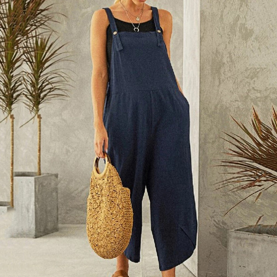 Harper Women's Wide Leg Linen Jumpsuit Sleeveless Overalls in Navy