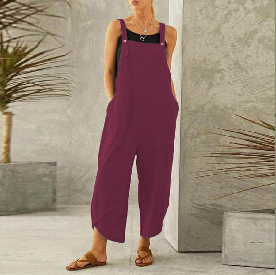 Harper Women's Wide Leg Linen Jumpsuit Sleeveless Overalls in Purple