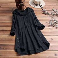Harriet Women's Hooded Tunic Top Long Sleeve Button Hem Shirt in Black