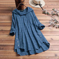 Harriet Women's Hooded Tunic Top Long Sleeve Button Hem Shirt in Blue
