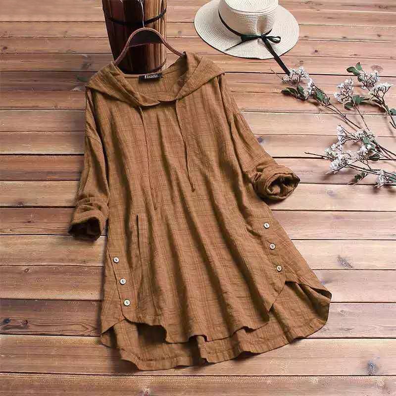 Harriet Women's Hooded Tunic Top Long Sleeve Button Hem Shirt in Khaki