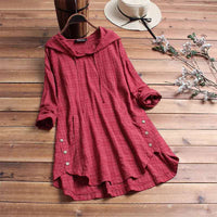Harriet Women's Hooded Tunic Top Long Sleeve Button Hem Shirt in Wine Red
