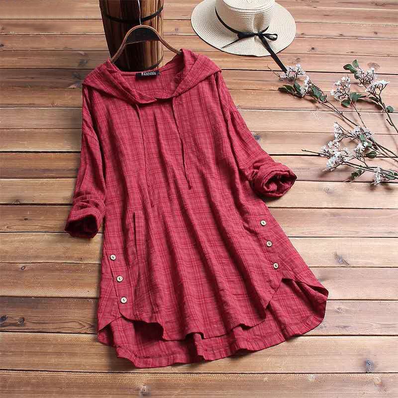 Harriet Women's Hooded Tunic Top Long Sleeve Button Hem Shirt in Wine Red