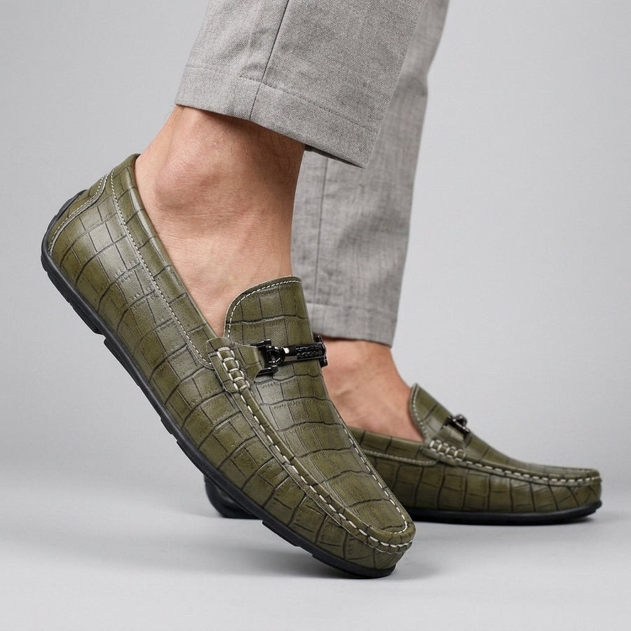 Harrington Croc Embossed Loafer in Olive