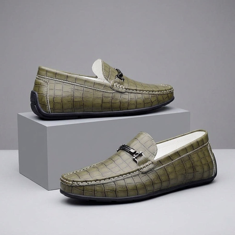 Harrington Croc Embossed Loafer in Olive