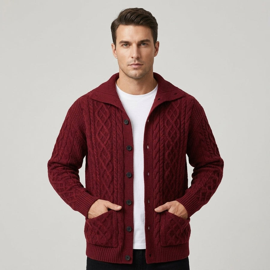 Harwick Cable Knit Cardigan in Crimson