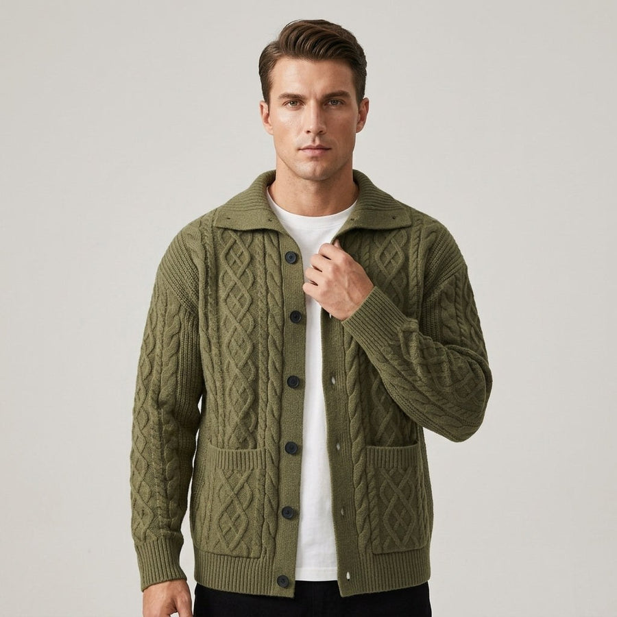 Harwick Cable Knit Cardigan in Forest Green