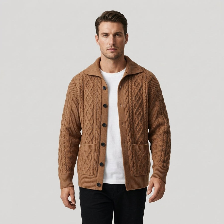 Harwick Cable Knit Cardigan in Sienna Brown