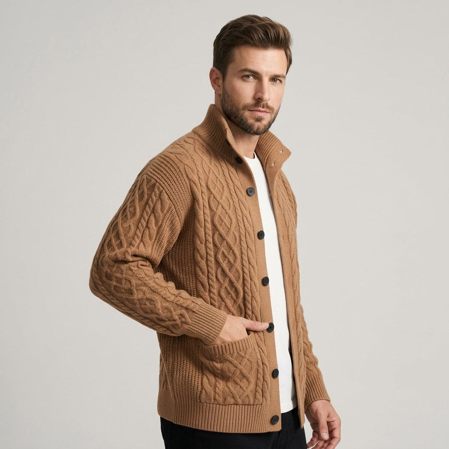 Harwick Cable Knit Cardigan in Sienna Brown