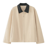 Hazel Casual Jacket with Stand Collar and Pockets in Beige