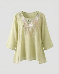 Hazel Linen Blouse with Embroidery in Green