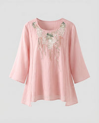 Hazel Linen Blouse with Embroidery in Pink