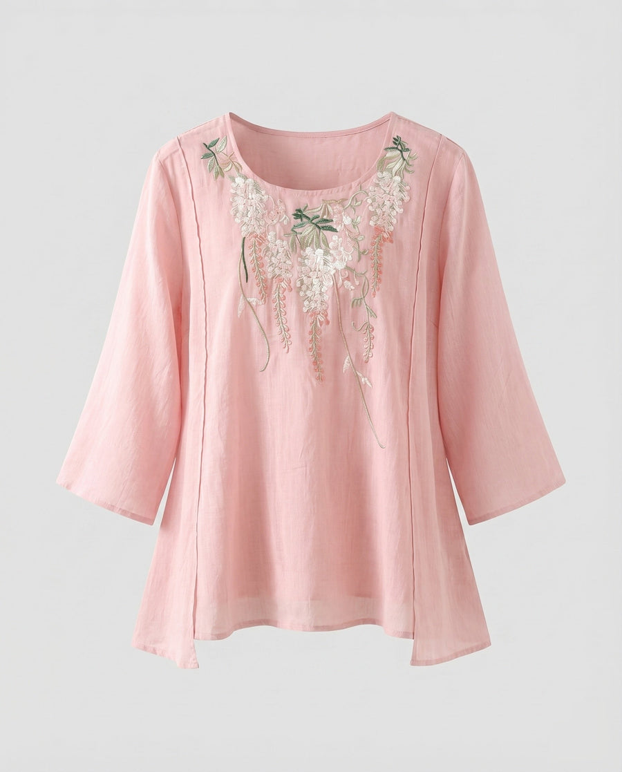 Hazel Linen Blouse with Embroidery in Pink