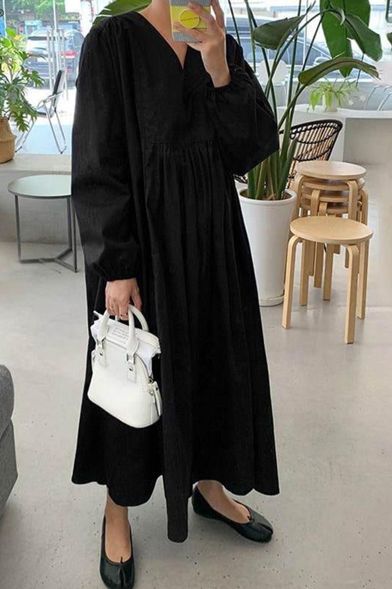 Hazel Women's V-Neck Long Sleeve Midi Dress Loose Fit in Black
