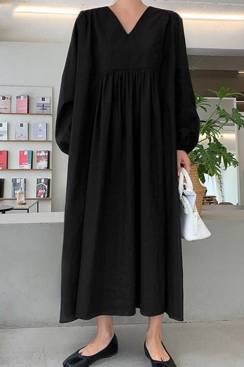Hazel Women's V-Neck Long Sleeve Midi Dress Loose Fit in Black