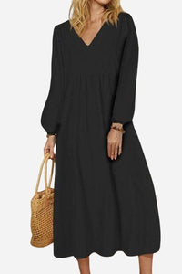 Hazel Women's V-Neck Long Sleeve Midi Dress Loose Fit in Black