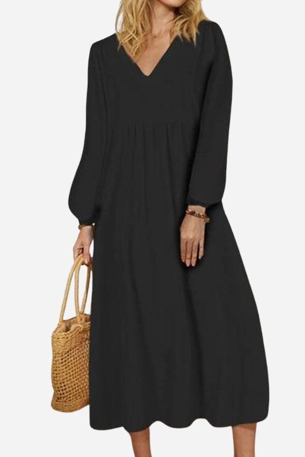 Hazel Women's V-Neck Long Sleeve Midi Dress Loose Fit in Black
