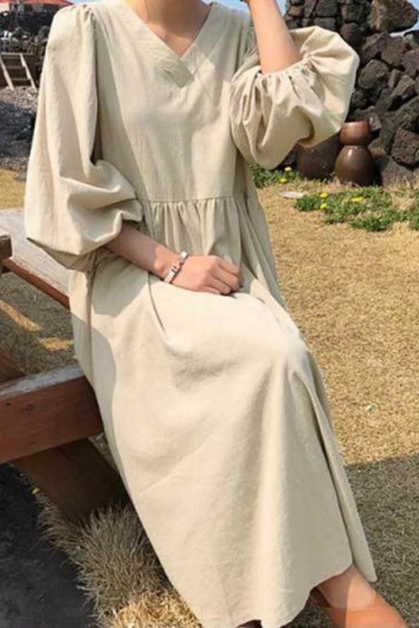 Hazel Women's V-Neck Long Sleeve Midi Dress Loose Fit in White