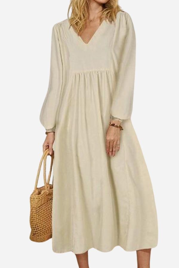 Hazel Women's V-Neck Long Sleeve Midi Dress Loose Fit in White