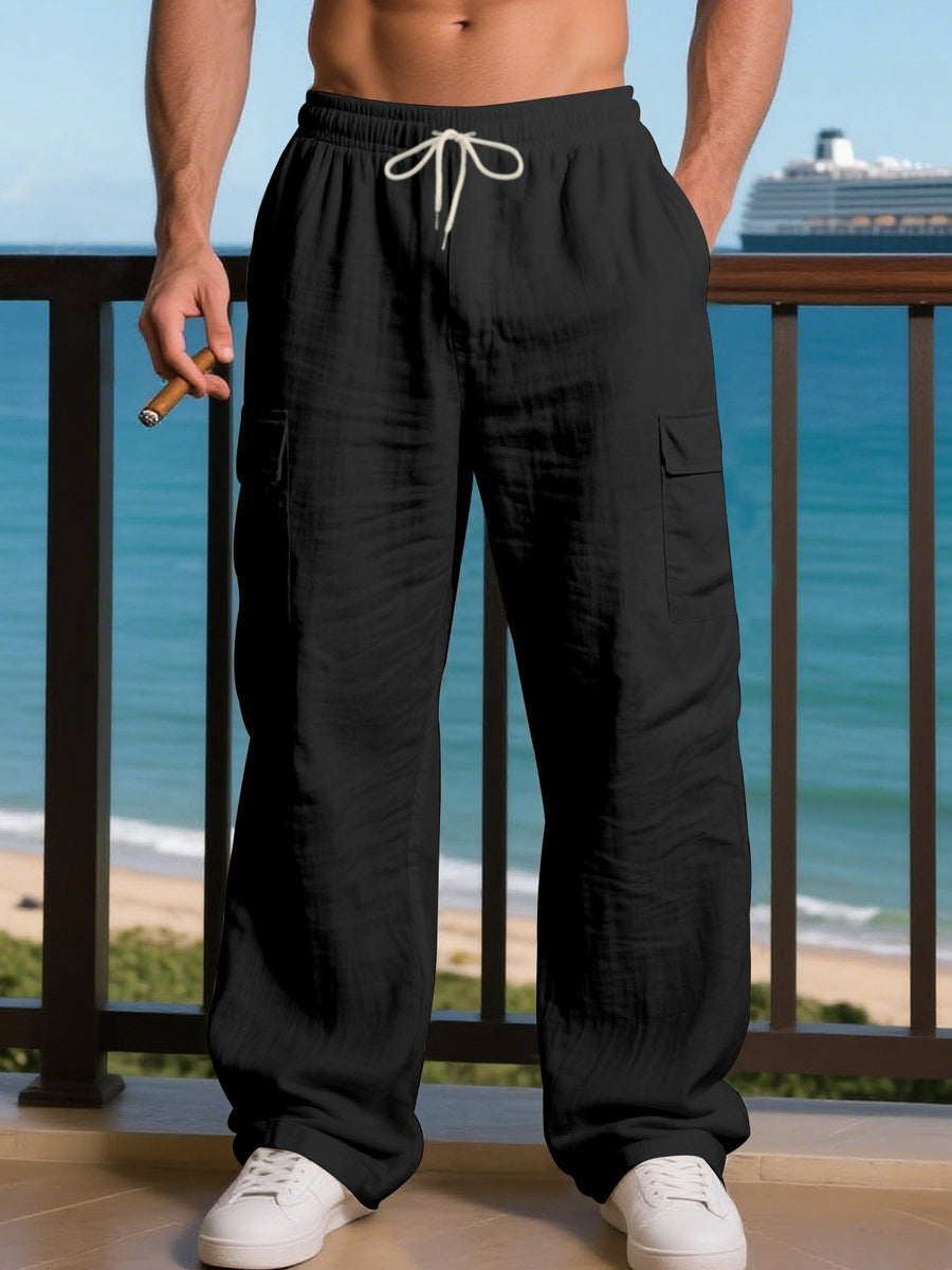 Hector Linen Trousers with Drawstring Waist and Pockets in Black
